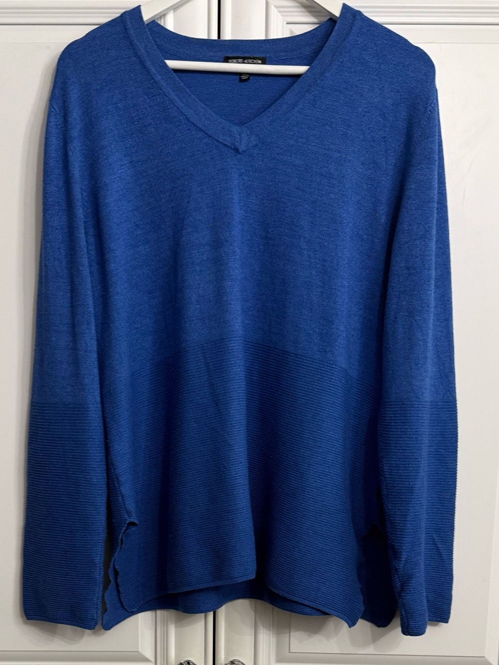 Robert Kitchen Royal Blue V-Neck Split Texture Sweater Knit Top Pullover Size XL